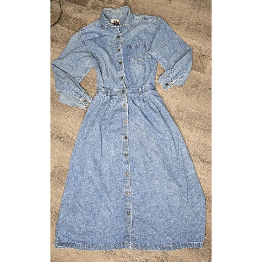 Vintage Susan Bristol Denim Midi Button Front Cinched Waist Long Sleeve Dress S